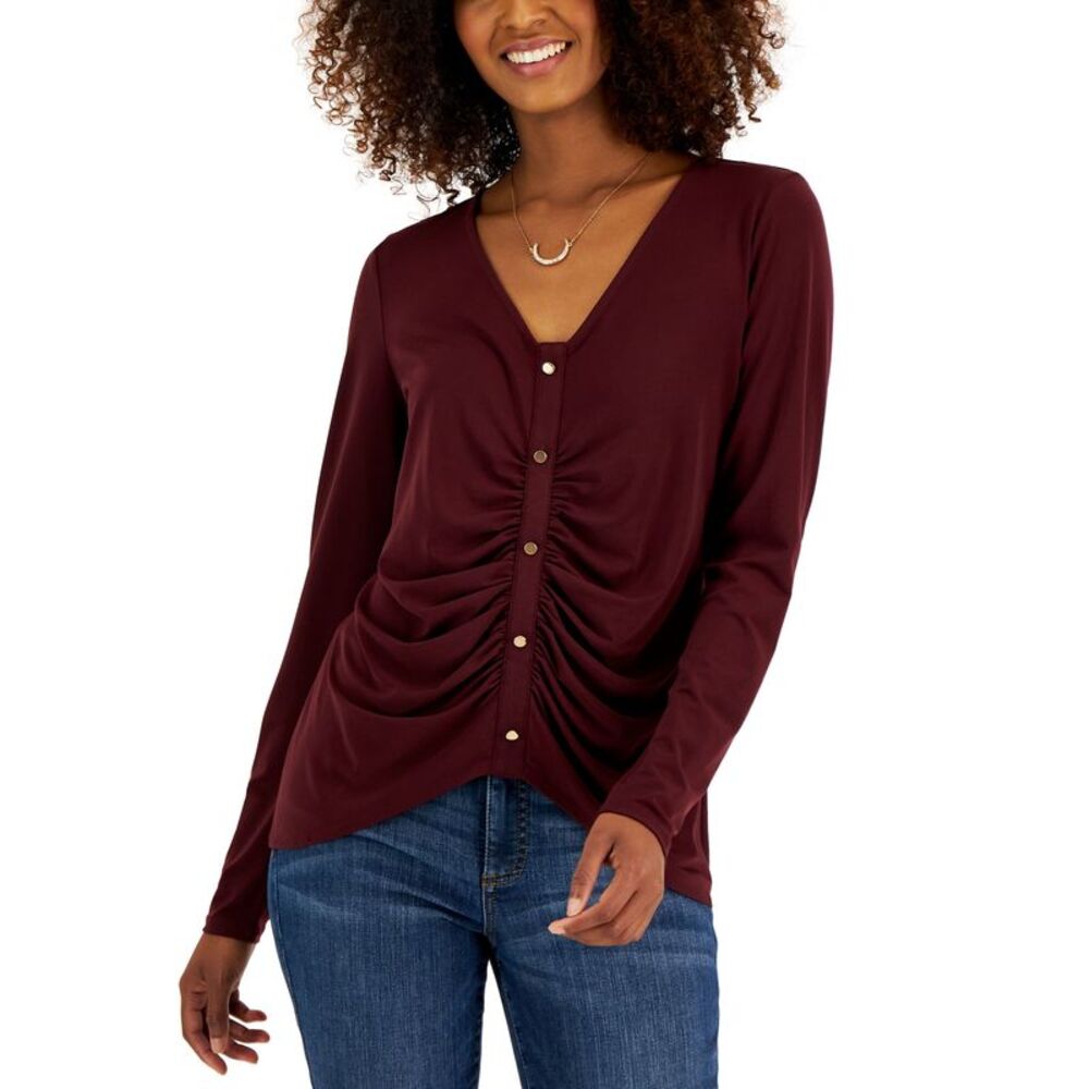 INC International Concepts Womens Ruched Button Detail Long Sleeve Top